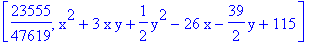 [23555/47619, x^2+3*x*y+1/2*y^2-26*x-39/2*y+115]